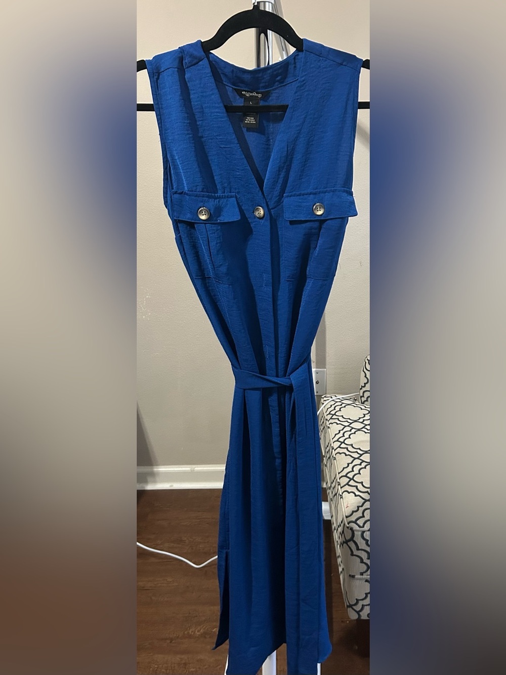 Blue Button-Front Belted Dress